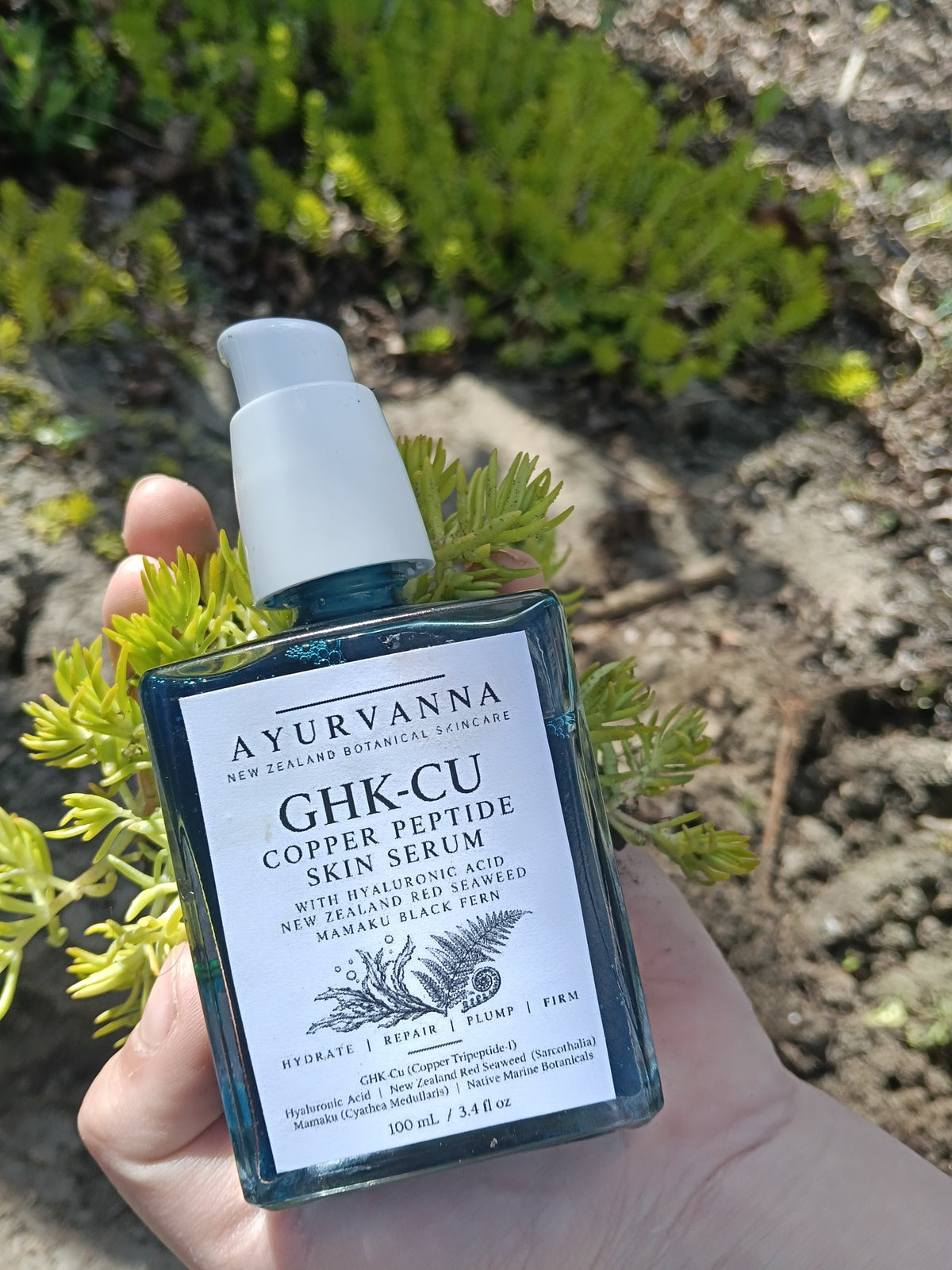Close view of Ayurvanna GHK-Cu serum bottle and label