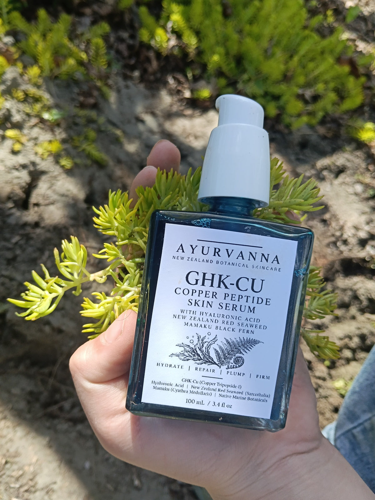 Ayurvanna GHK-Cu Copper Peptide Skin Serum in coastal greenery