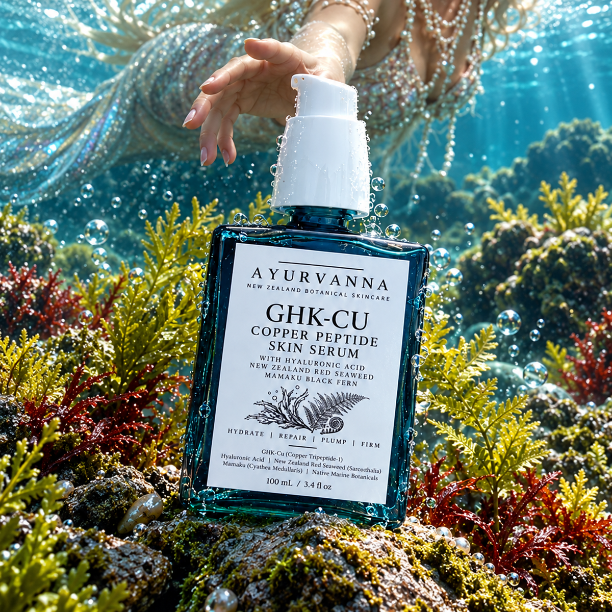 Ayurvanna GHK-Cu Copper Peptide Skin Serum in an underwater botanical scene